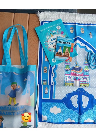 Seccade Erkek Çanta Set Tesbih Namaz Ögrenme Kitabı Elif Ba Mavi