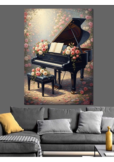 Ahşap Tablo Piyano Ve Çiçekler Müzik Teması
