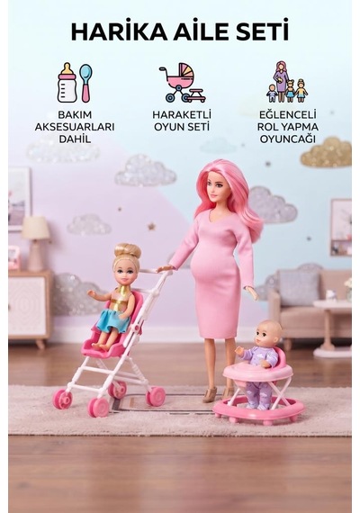 Hamile Anne Ve Bebekleri 3 Bebekli Dönen Karınlı Haraketli Eklemli Aksesuarlı Oyuncak Bebek Seti Pembe