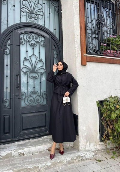 Molly Nelly Modal Gabardin Mevsimlik Bağlamalı Bluz Etek Takım Siyah