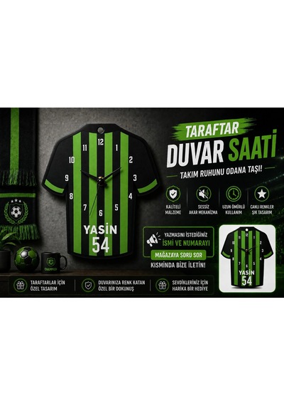 İsimli Taraftar Duvar Saati , Kişiye Özel - Hediyelik İsimli Yeşil Siyah Forma Duvar Saati