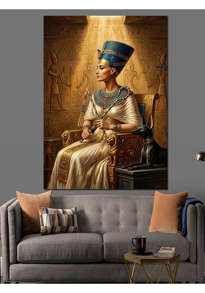 Tahtta Oturan Mısır Kraliçesi Nefertiti Dekoratif Kanvas - Mdf Ahşap Tablo