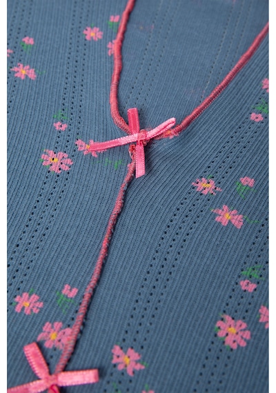 Kadın Pamuklu Çıtır Çiçek Desenli Baby Overloklu Fiyonk Detaylı Uzun Kollu Pijama Takımı Mavi - Pembe