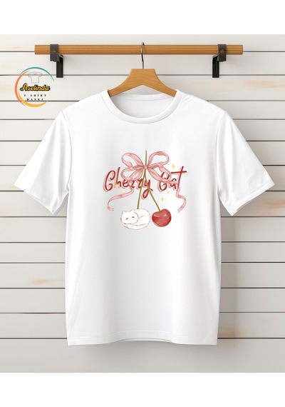 Aselinda Unisex Erkek/kadın Cherry Cat Özel Baskılı Pamuklu Bisiklet Yaka T-shirt Tshirt Beyaz