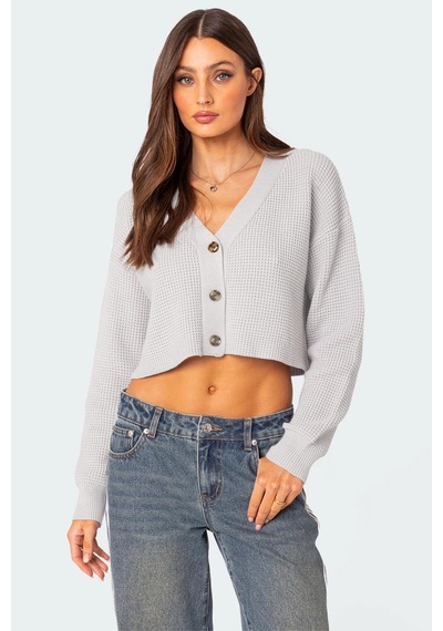 Madmext Gri Uzun Kollu Düğmeli Crop Hırka Mg2198 Gri