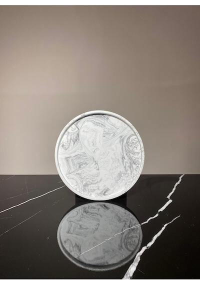Betonmall Mermer Desenli Sunum Tepsisi Yuvarlak Sunum Tabağı Sunumluk 28 Cm - Gri Beyaz
