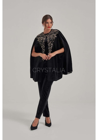 Crystalia Pelerinli Taş Nakış İşlemeli Siyah Kadife Takım Siyah Crystalia Pelerinli Taş Nakış İşlemeli Siyah Kadife Takım Siyah