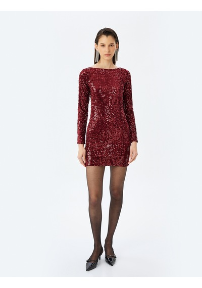 Koton Yuvarlak Yaka Uzun Kollu Slim Fit Mini Pullu Payetli Kalem Elbise Bordo 5wak80348ek Bordo