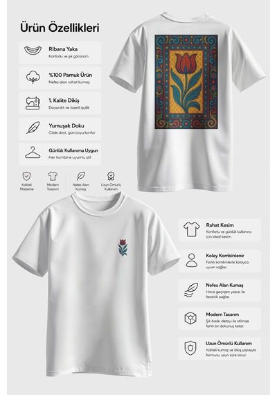 Spoyi Osmanlı Lalesi Tasarımlı %100 Pamuk Yarım Oversize Beyaz T-shirt