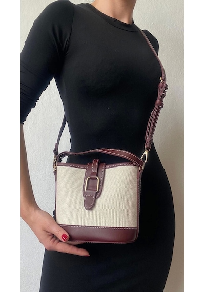 Glemix Alin Keten Bordo Kontrast Kova Model Kadın Omuz Çantası Keten Bordo