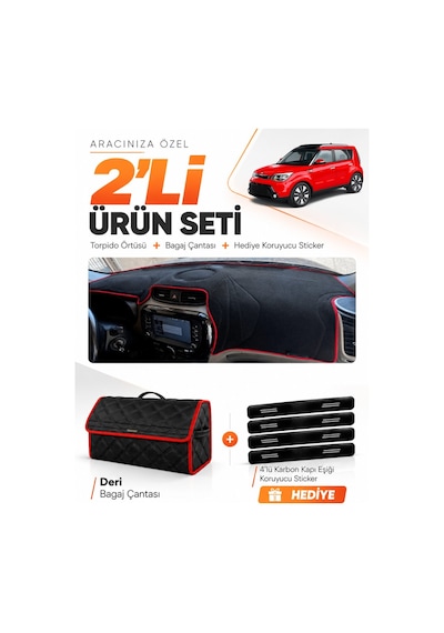 E-biz Kia Soul 2014-2019 Uyumlu Torpido Örtüsü + Deri Bagaj Çantası Seti - Siyah-kırmızı - Kı021