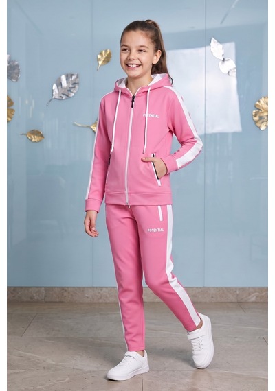 Pina Kids Kız Çocuk Potential Kalın Şeritli Kapüşonlu Düz Paça Dalgıç Kumaş Eşofman Takımı Esf7016 Pembe
