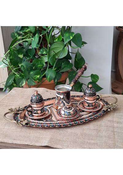 Lüx Gül Çiçek Bakır 2 Li Kahve Takımı