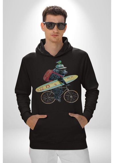 Komik Köpek Sörf Tahtası Bisiklet Kadın Erkek Siyah Kapüşonlu Sweatshirt Hoodie Siyah