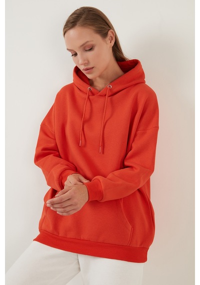 Lela Regular Fit Pamuklu Kapüşonlu Yaka Şardonlu Kışlık Bayan Sweat 5863854 Oranj