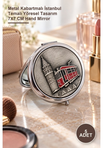 5 Adet El Aynası Metal Kabartmalı İstanbul Temalı Yöresel Tasarım 7x7 Cm Hand Mirror
