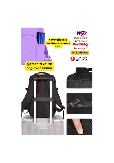 Jet Turtle Seyahat Sırt Çantası 40cm 40x25x15 Cm Pegasus, Wizz Air, Ryanair, El Valizi Koltuk Altı Valizi Lila