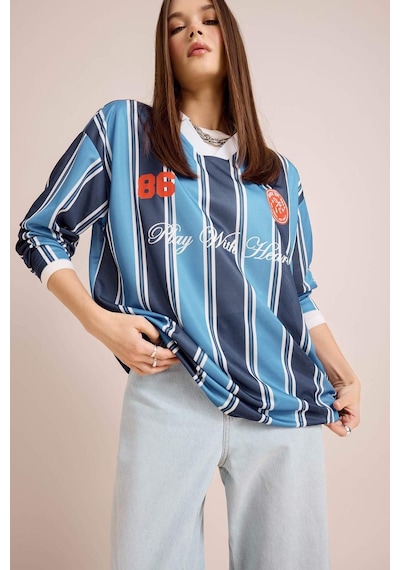 DeFacto Coool Oversize Geniş Kalıp Polo Yaka Baskılı Forma Kumaşı Uzun Kollu Tişört E5373AX25SPNV241 DeFacto Coool Oversize Geniş Kalıp Polo Yaka Baskılı Forma Kumaşı Uzun Kollu Tişört E5373AX25SPNV241