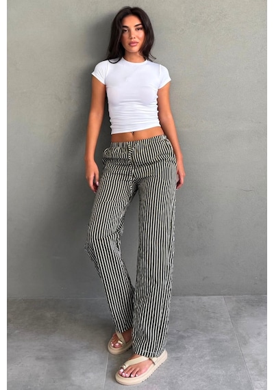 Madmext Haki Beli Ayarlanabilir Çizgili Cepli Bol Paça Kadın Pantolon Mg2312