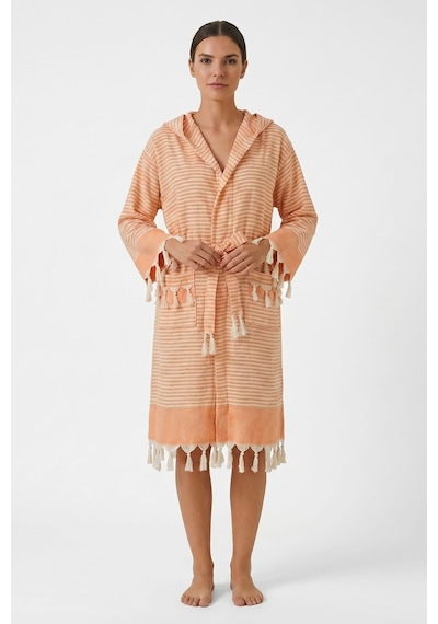 Kapşonlu Unisex Peştemal Plaj Bornozu %100 Pamuklu Seaside Stripe Turuncu