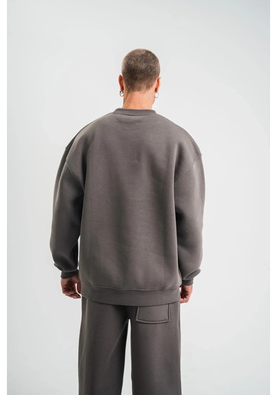Erkek Uzun Kol Bisiklet Yaka 3 İplik Pamuklu Kışlık Sweatshirt - Füme Füme