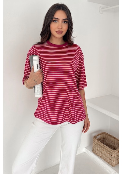 Noa & Noa Kadın Oversize Çizgili Tişört Monochrome Ease Pembe