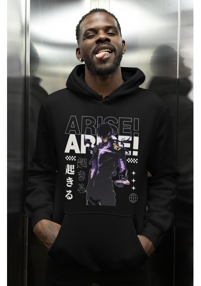 Sevbano Solo Leveling Arise Baskılı Unisex Oversize Anime Karakter Hood Siyah