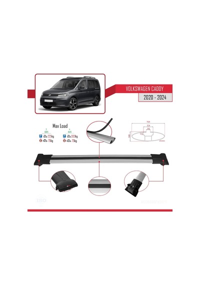 Volkswagen Caddy 2020 Ve Sonrası İle Uyumlu Fly Model Ara Atkı Tavan Barı Gri 3 Adet Bar