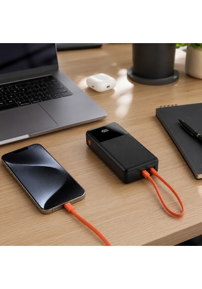 30.000mah Dahili Usb-c + Lightning Kablolu Powerbank Lcd Göstergeli Taşınabilir Hızlı Şarj Cihazı-1666 Siyah