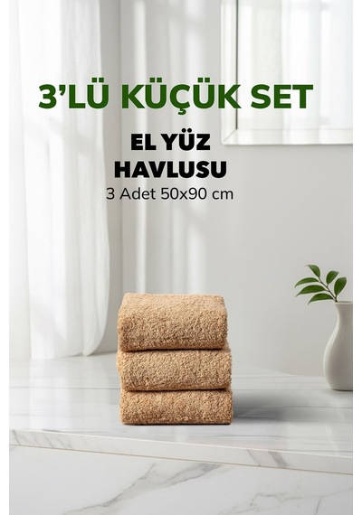 3 Lü Çizgili Bej Renk Yumuşak Pamuk El Yüz Havlusu Seti 50x90 Cm