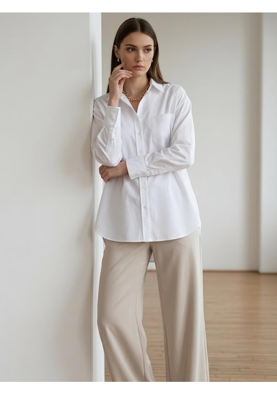 Pera Moda Oversize Arkası Uzun Önü Kısa Poplin Gömlek Beyaz