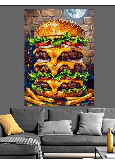 Ay Işığı Altında Devasa Katlı Hamburger Dekoratif Kanvas - Mdf Ahşap Tablo