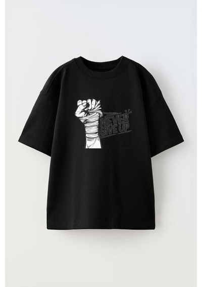 Thewert Unisex Never Give Up Motivational Tasarım Baskılı Pamuk Sıyah Oversize T-shirt Siyah