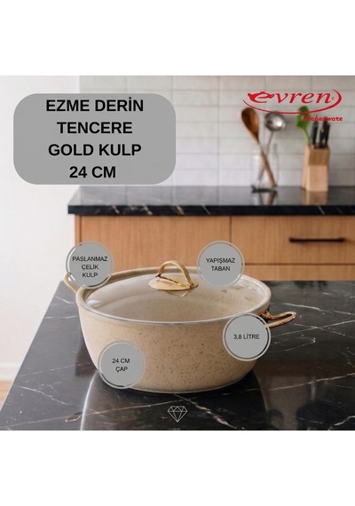 18 Cm Cream Ezme Seri Granit Derin Tencere, Non-stick Derin Tencere 1,6 Lt Gold Çelik Kulp 24 Cm