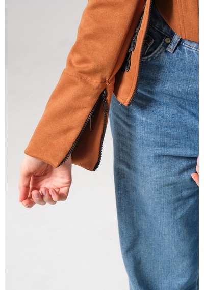 Mayrem Nakış İşleme Detaylı Slim Fit Fermuarlı Kadın Süet Ceket Taba