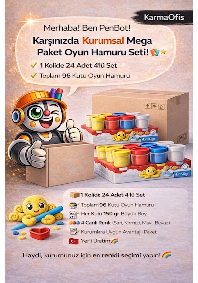 Kidz 24 Lü 4x150 Gr Büyük Boy Oyun Hamuru Koli Toplam 96 Kutu 4 Renk Kurumsal Mega Paket Beyaz