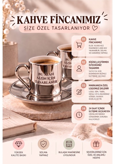 Premium Silver 2'li Türk Kahvesi Fincanı 4 Parça Kişiye Özel Tasarım Fotoğraf Logo İsim Baskılı Silver Gümüş