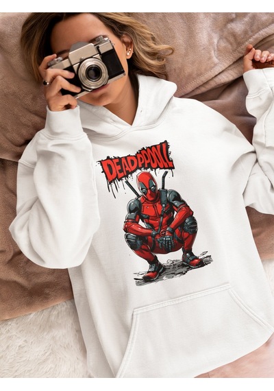 Sevbano Deadpool Kahraman Baskılı Unisex Oversize Film Kahramanı Hoodie beyaz