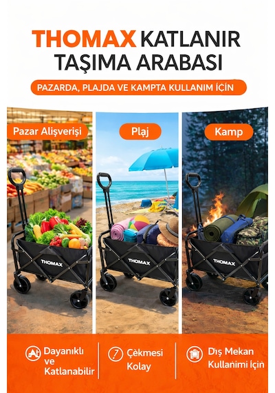 Thomax Çok Amaçlı Katlanabilir Araba Ve Taşıma Arabası Kamp,piknik,plaj,pazar, Market Arabası