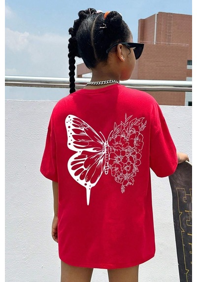 Uyguntarz Çocuk Flower Butterfly Baskılı Pamuklu Tshirt Kırmızı