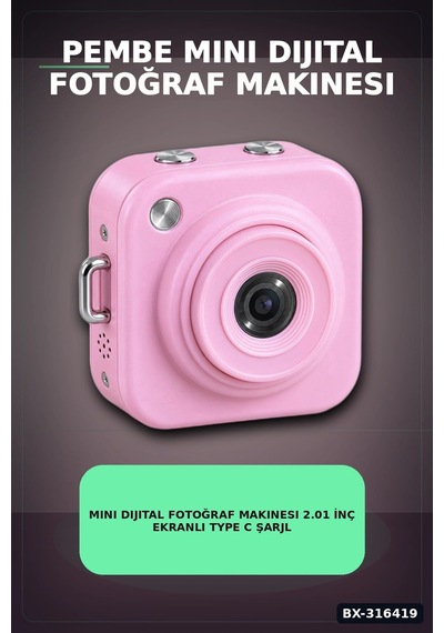 Mini Dijital Fotoğraf Makinesi 2.01 İnç Ekranlı Type C Şarjlı Pembe Kamera Bx-316419