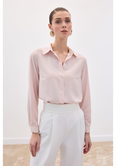 Sateen Düz Klasik Gömlek - Pudra-136120 Pudra