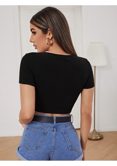 Liona Geniş V Yaka İpli Fitilli Kısa Kollu Slim Fit Kadın Crop Top Siyah