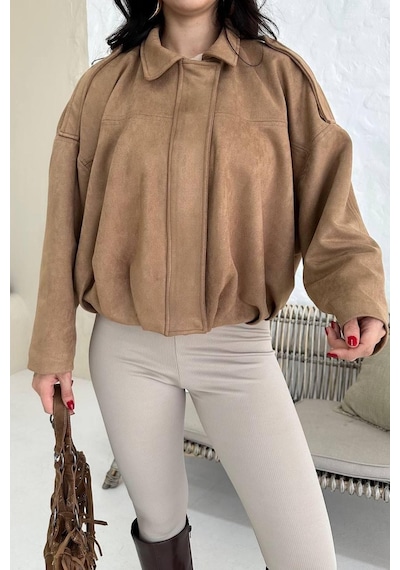 Prifaldi Zr Oversize Ekru Süet Bomber Ceket Vizon
