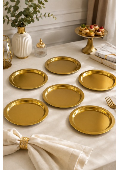 6 Lı Gold Metal Sunum Tepsisi Servis Tepsi İkramlık Sunumluk Fincan Kahve Tepsi 23cm