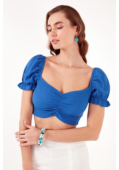Lela Slim Fit Büzgü Detaylı Kalp Yaka Crop Bayan Bluz 5865601 Saks