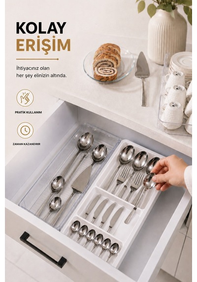Çekmece İçi Kaşıklık Organizer Bölmeli Mutfak Düzenleyici Beyaz S-11030