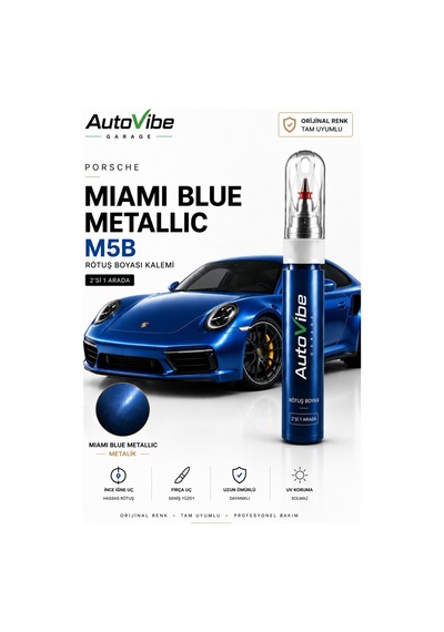 Porsche Miami Blue M5c Rötuş Boya Kalemi 2'si 1 Arada Orijinal Renk Uyumlu