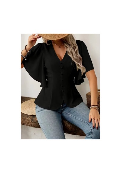 Butik İstanbul Kadın Kısa Kollu Önden Düğmeli Ithal Krep Bluz Siyah