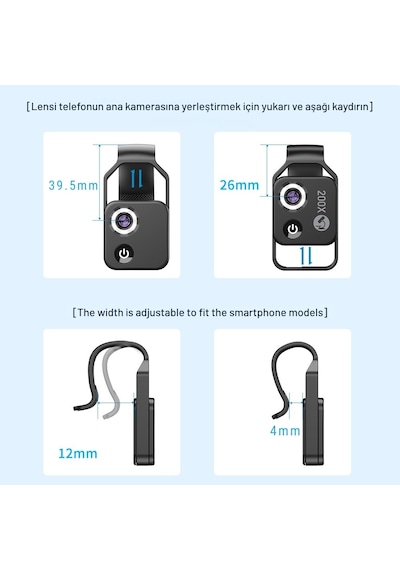 Apexel 200x Büyütmeli Mobil Mikroskop Telefon Lensi Led Işıklı Portatif Tak Çalıştır Polarize Filtreli